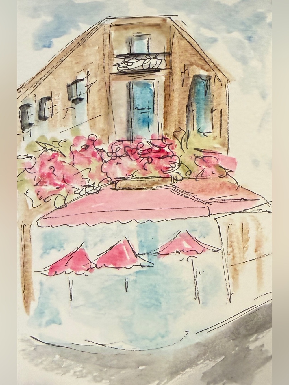 Original and painted watercolor of Paris Pink cafe